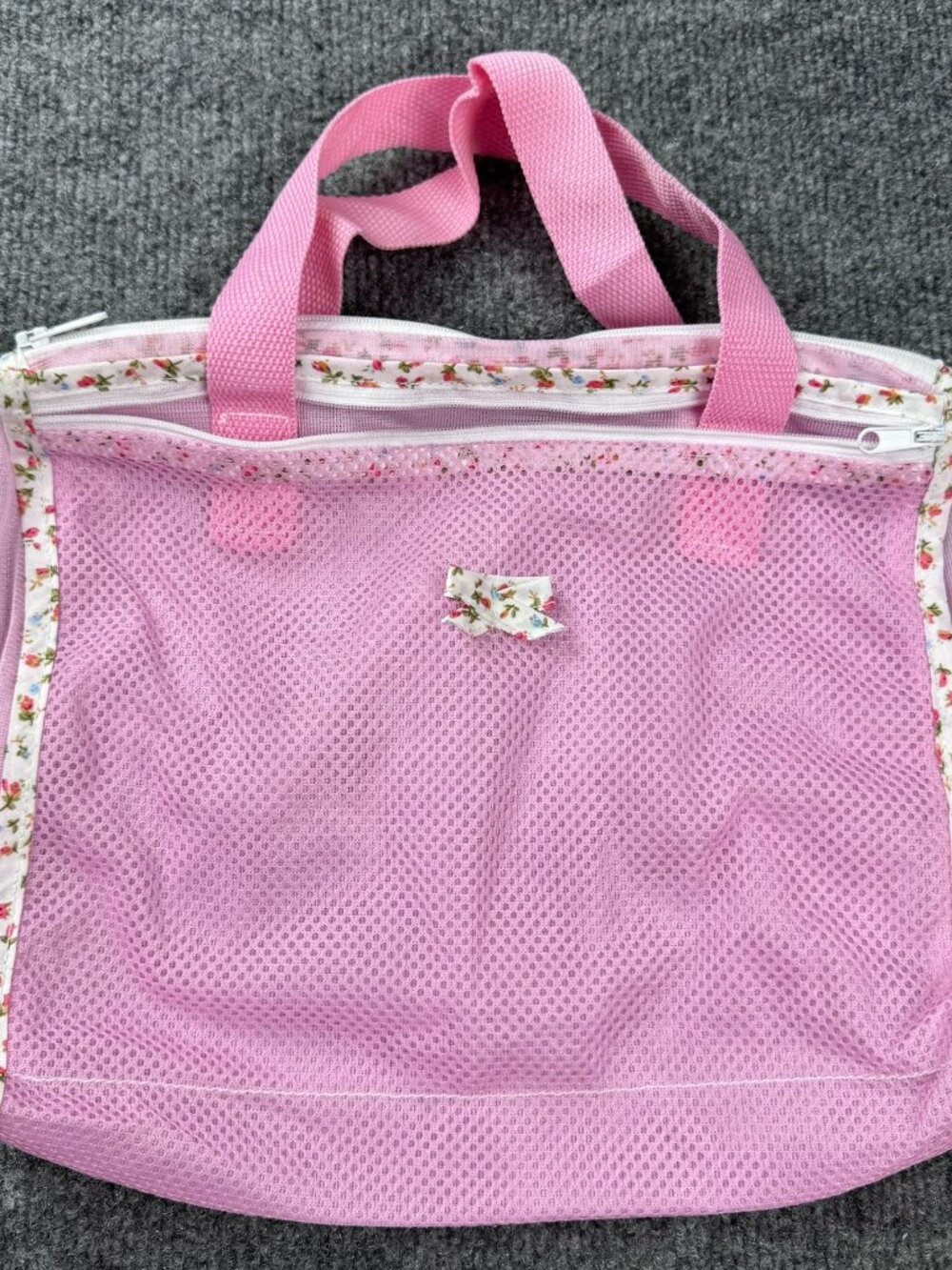 Pink Mesh Travel Shower Caddy Tote Floral Trim Multi Pocket Organizer Wash Bag